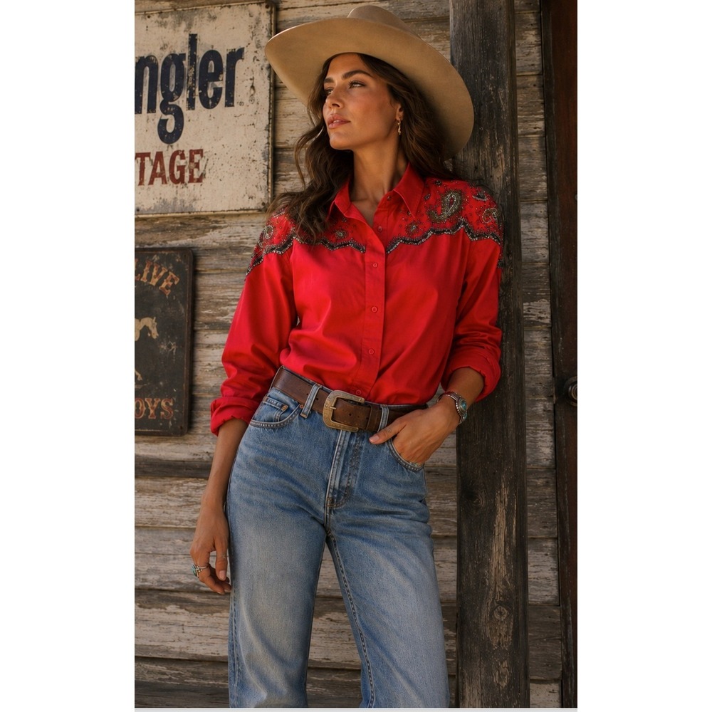 Vintage Original Wrangler Western Beaded Button Down Shirt Red Rodeo Cowgirl S